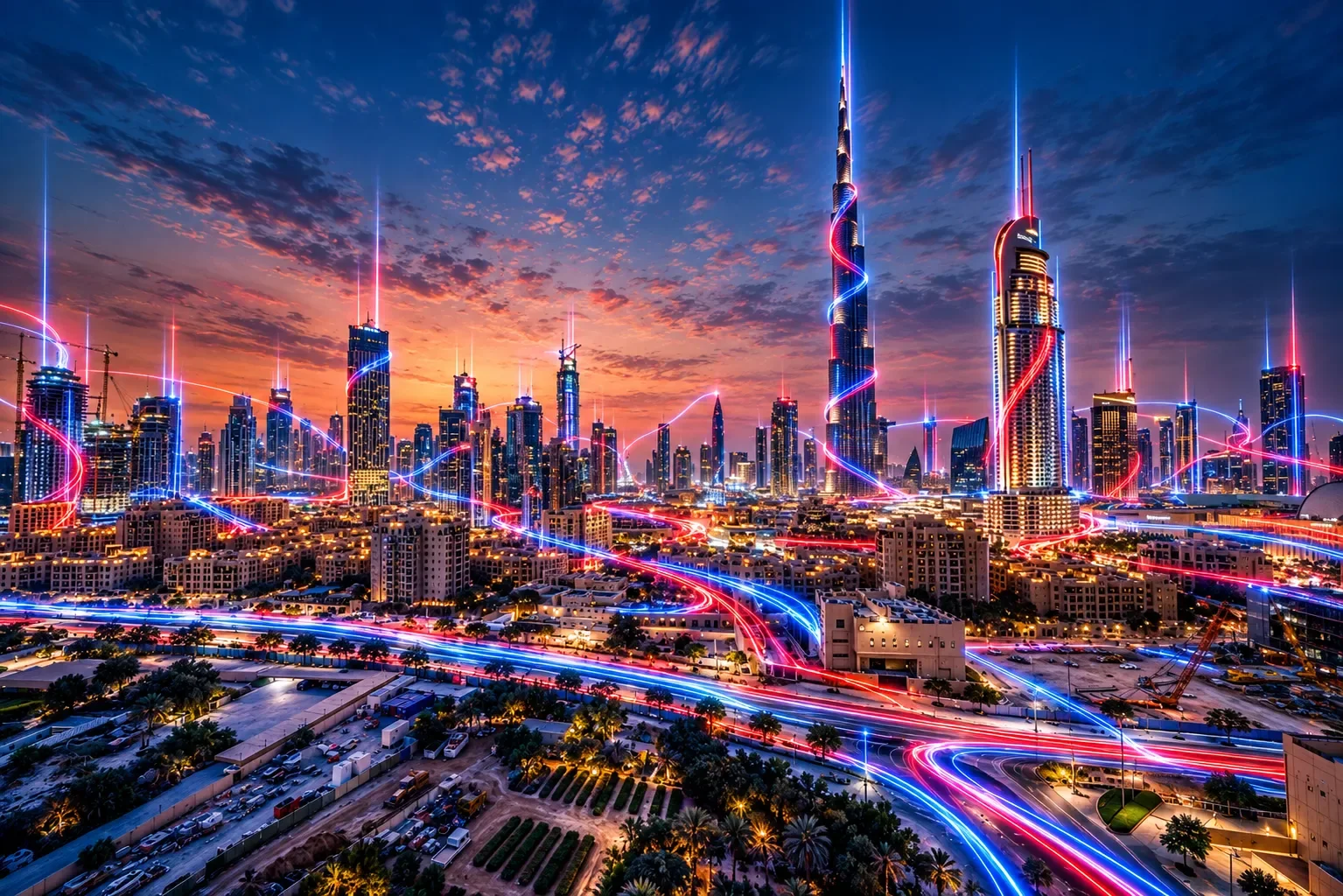 Panorama Dubaju o zachodzie słońca z Burj Khalifa i jaśniejącymi śladami światła w kolorze czerwonym i niebieskim
